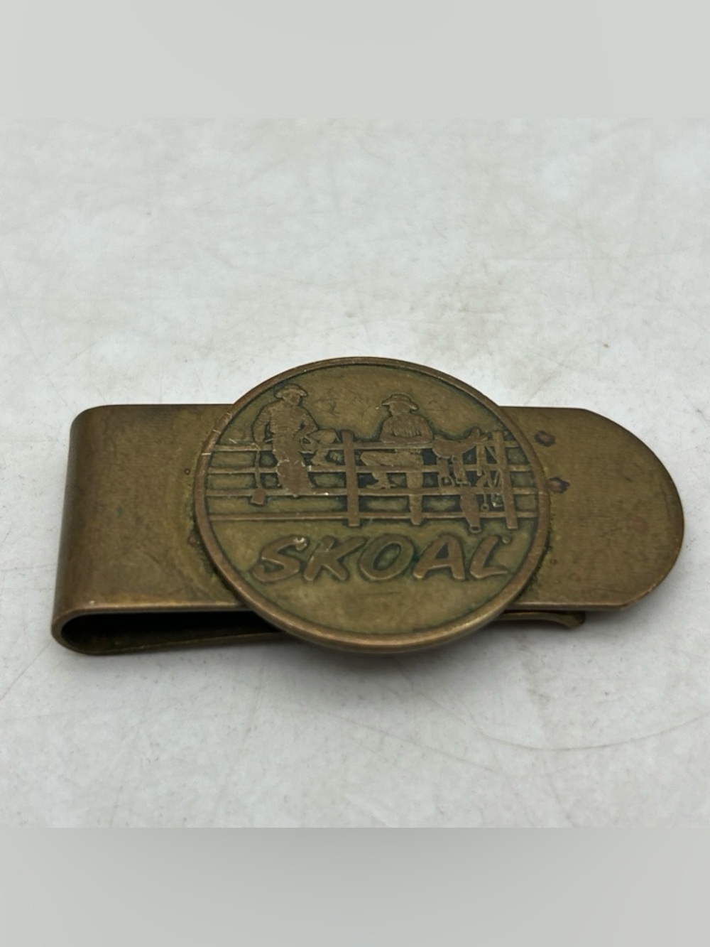 Vtg SKOAL MONEY CLIP Brass Tobacco Dip Chew Cowboys Ranch Advertising 2”